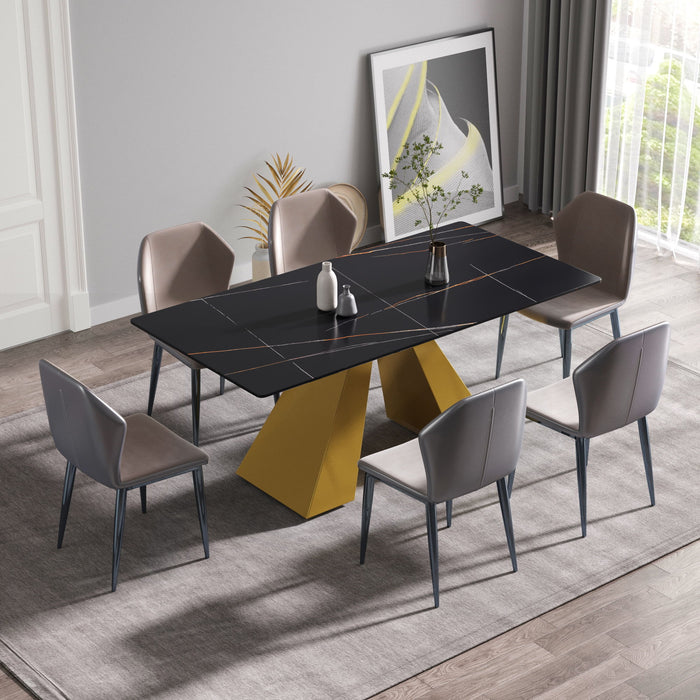 70.87" Modern Artificial Stone Straight Edge Golden Metal Leg Dining Table, Can Accommodate 6-8 People - Black / Gold