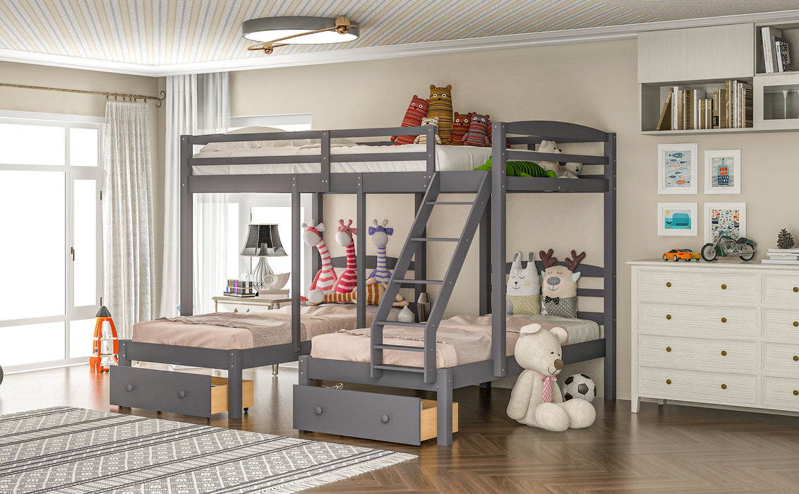 Full Over Twin & Twin Bunk Bed, Triple Bunk Bed With Drawers - Gray