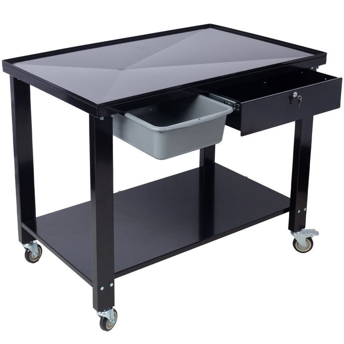 Transmission Teardown Work Station 1 / 2 Ton Capacity Sloping Drain Table Locking Drawer Removable Drain Basin Full-Width Lower Shelf Four 4" Caster Wheels