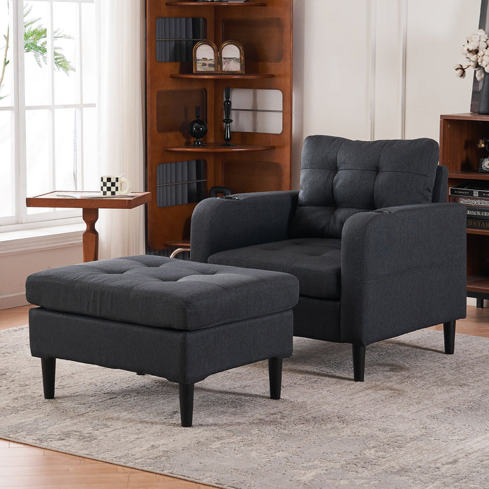 Upholstered Armchair And Storage Ottoman Set, Comfortable Single Sofa With Cup Holders And Tufted Detailing, Ideal For Living Room Or Bedroom