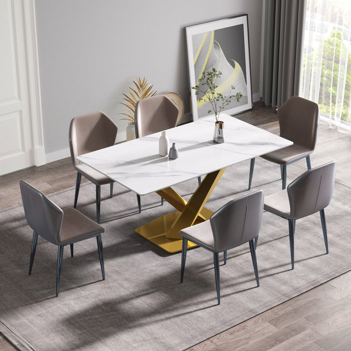 63" Modern Artificial Stone Straight Edge Golden Metal X-Leg Dining Table, 6 People