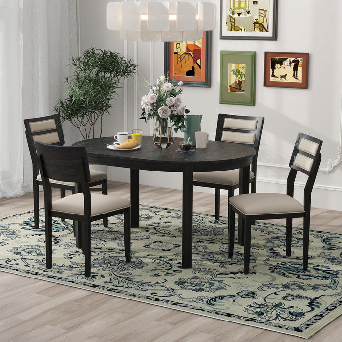 Multifunctional Dining Table Set, Farmhouse Dining Set With Extendable Round Table, Two Small Drawers And 4 Upholstered Dining Chairs For Kitchen And Dining Room