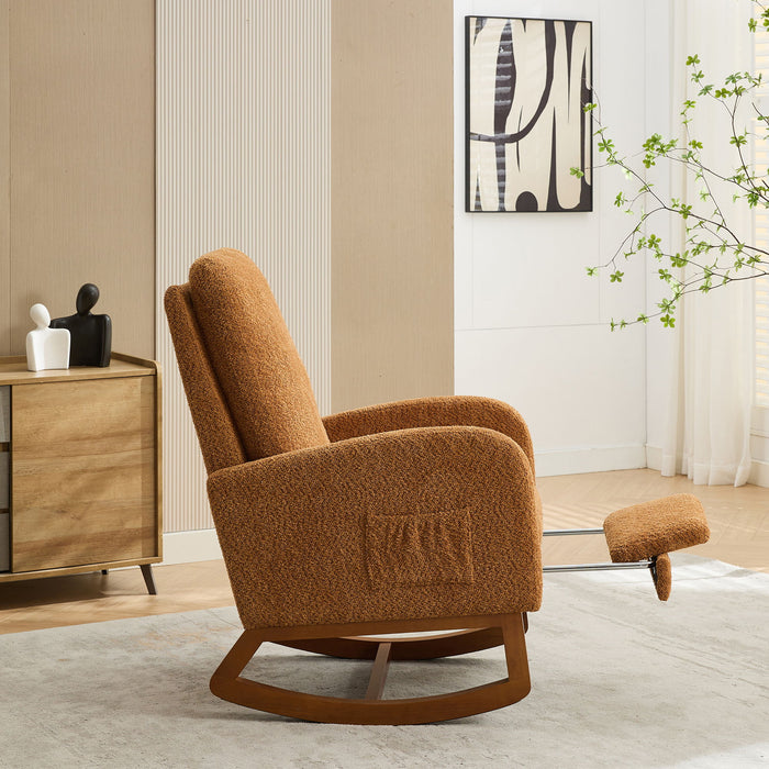 Rocking Chair For Nursery, High Back Glider Chair With Retractable Footrest, Side Pocket, Rocking Accent Armchair With Rubber Wood Legs For Living Room / Bedroom