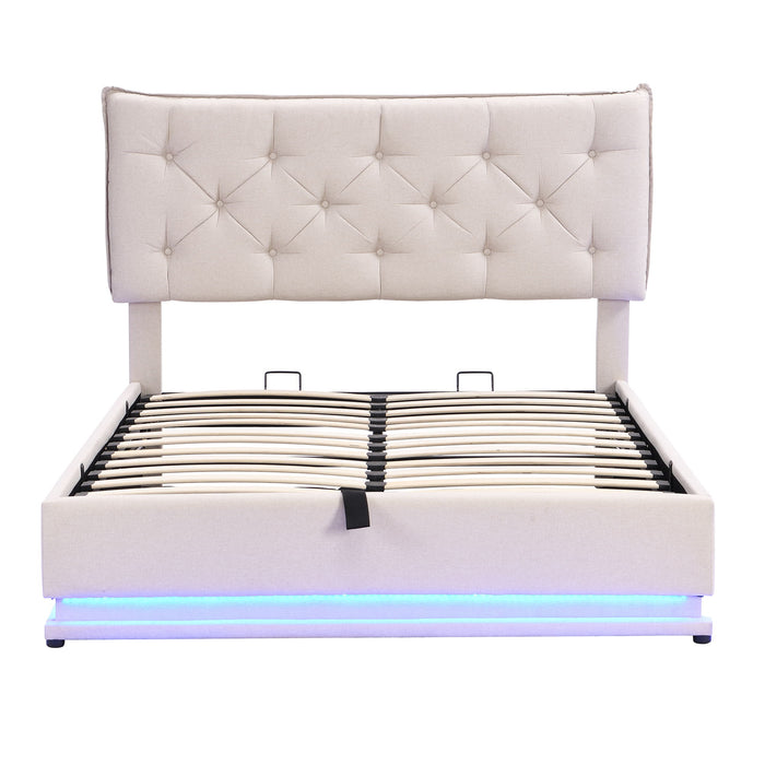 Upholstered Bed With Hydraulic Storage System And LED Light, Modern Platform Bed With Button-Tufted Design Headboard