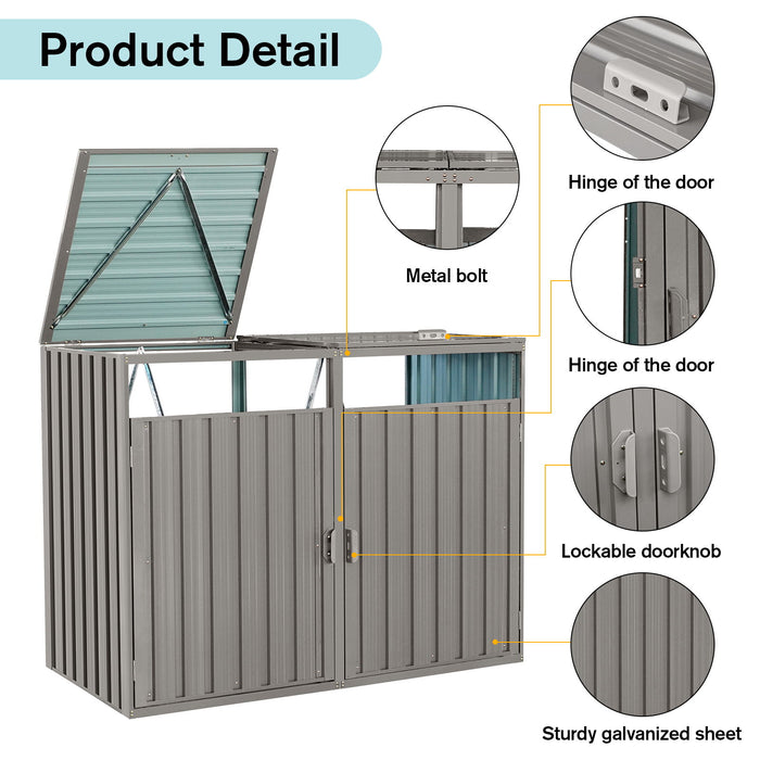 Garbage Bin Shed Stores 2 Trash Cans Metal Outdoor Bin Shed For Garbage Storage, Stainless Galvanized Steel, Bin Shed For Garden Yard Lawn