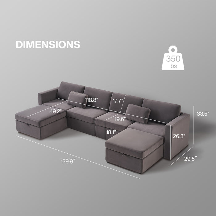 Modern Cotton Linen Modular Sectional Sofa, U Shape Convertible Sofa Set With Pillows, Oversized Sectional Couches With Storage Ottomans For Living Room, Loft, Apartment, Office 6 Seats