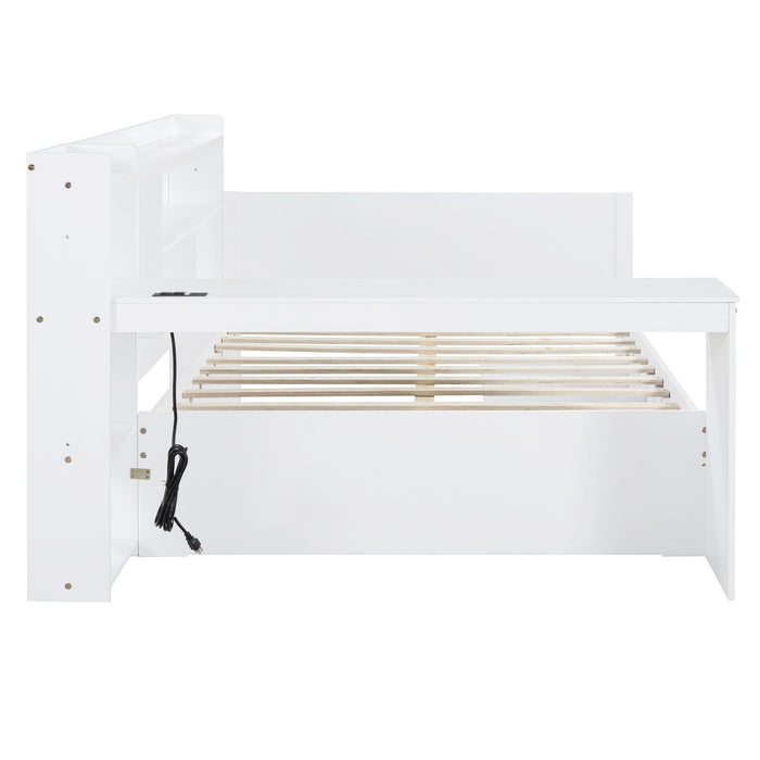 Full Size Wooden Daybed With 3 Drawers, USB Ports And Desk - White