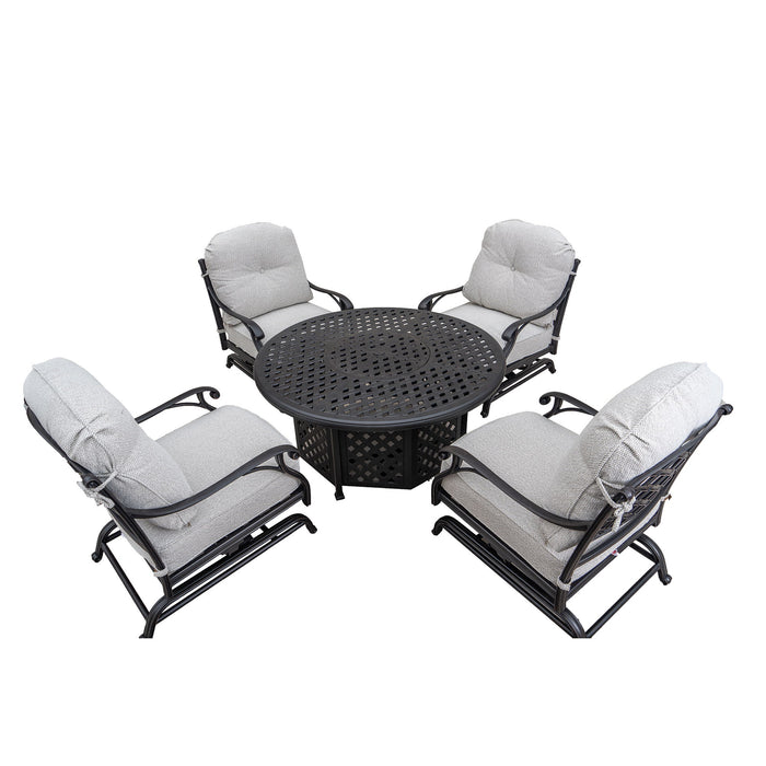 Stylish Outdoor 5 Piece Aluminum Dining Set With Cushion ( 4 Club Motion Chairs And A Round Fire Pit Table) - Sandstorm