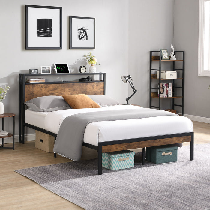 Queen Size Metal Platform Bed Frame With Wooden Headboard And Footboard With USB Liner, No Box Spring Needed - Brown