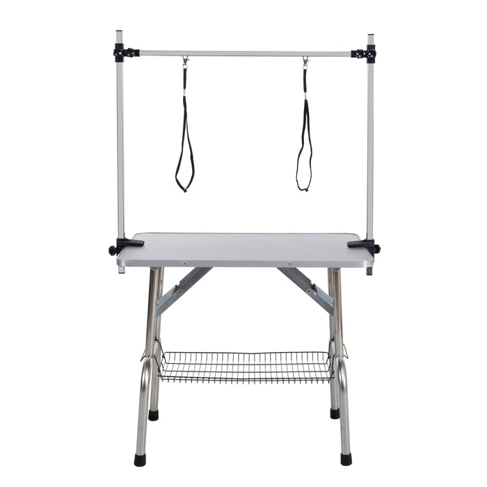 Folding Dog Pet Grooming Table Stainless Steel Frame Rubber Mat On Board With Adjustable Arm And Clamps, Pet Dog Cat Grooming Table - Silver Gray