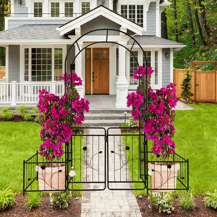 Metal Garden Arch With Gate Wide High Climbing Plants Support Rose Arch Outdoor - Black