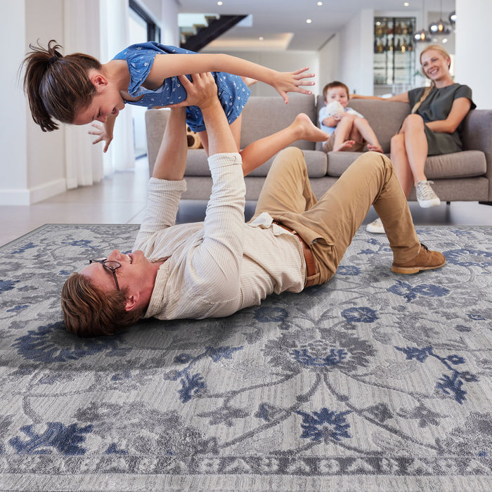 Oriental Non-Shedding Living Room Bedroom Dining Home Office Stylish And Stain Resistant Area Rug - Blue / Silver