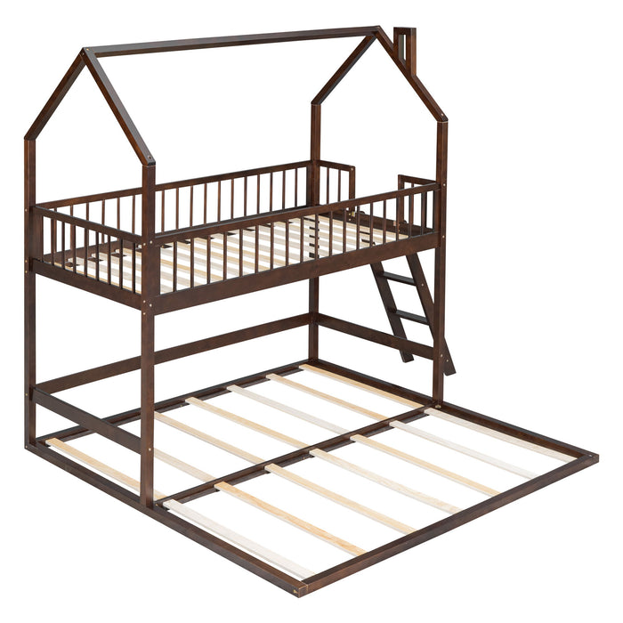 Twin Over Twin-Twin House Bunk Bed With Extending Trundle And Ladder - Espresso