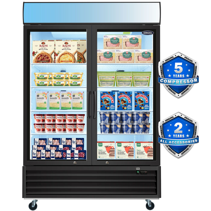 Glass Door Merchandiser Freezer 44.7 Cu.Ft Swing Door Commercial Reach-In Display Freezers With LED Top Panel Upright Freeze Storage - Black