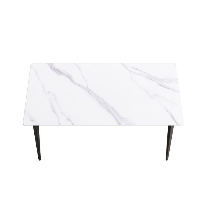 63" Modern Artificial Stone White Straight Edge Black Metal Leg Dining Table, 6 People - White / Black