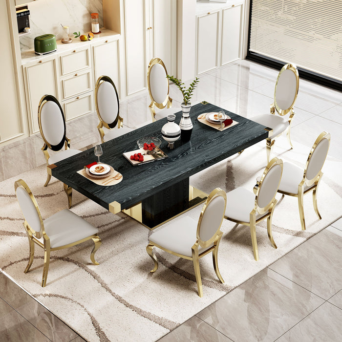 MDF Top Dining Table With Gold Finish Corner, MDF Pillar And Gold Finish Stainless Steel Base