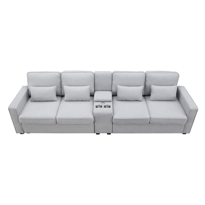 Upholstered Sofa With Console, 2 Cupholders And 2 USB Ports Wired Or Wirelessly Charged, Modern Linen Fabric Couches With 4 Pillows For Living Room, Apartment (4-Seat)