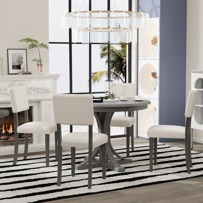 Retro Round Dining Table Set With Curved Trestle Style Table Legs And Upholstered Chairs For Dining Room