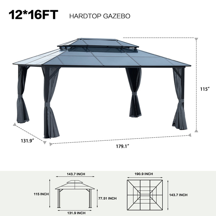 12' x 16' Gazebo Polycarbonate Double Roof Canopy Outdoor Aluminum Frame Pergola, Permanent Pavilion With Netting And Curtains For Garden Patio Lawns Parties - Gray