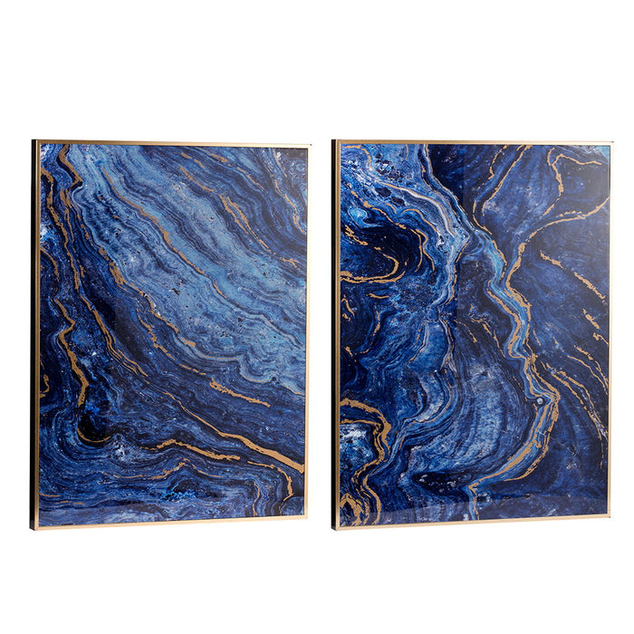 Framed Art Panels, Unique Marbled Design (Set of 2) - Blue / Gold