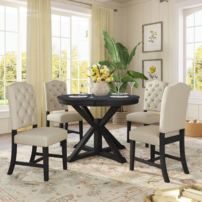 Functional Furniture Retro Style Dining Table Set With Extendable Table And 4 Upholstered Chairs For Dining Room And Living Room