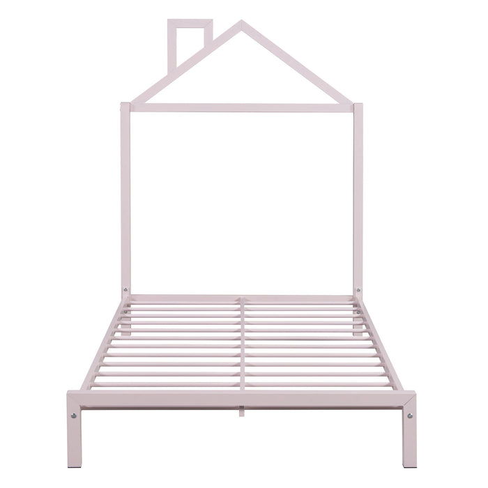 Twin Size Metal Platform Bed With House-Shaped Headboard Design