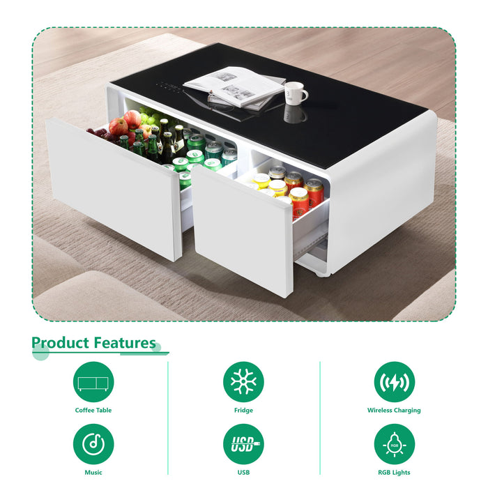 Modern Smart Coffee Table With Built-In Fridge, Bluetooth Speaker, Wireless Charging, Touch Control Panel, USB Ports, Outlet Protection, Atmosphere Light - White