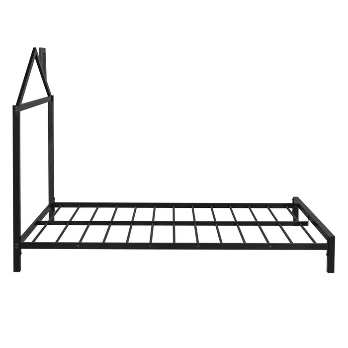 Full Size Metal Platform Bed With House-Shaped Headboard Design