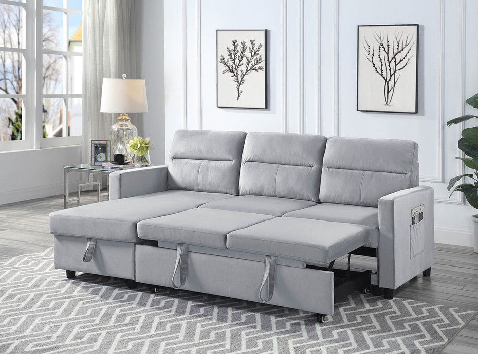 Ruby - Velvet Reversible Sleeper Sectional Sofa With Storage Chaise And Side Pocket - Light Gray