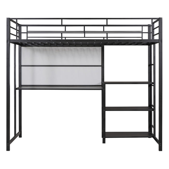 Twin Size Loft Bed With Desk And Whiteboard, Metal Loft Bed With 3 Shelves And Ladder - Black