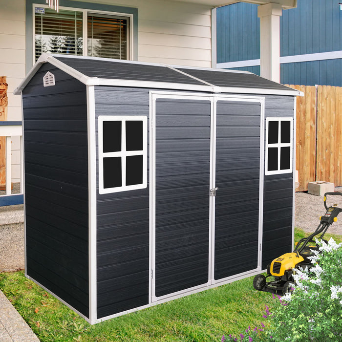 Resin Outdoor Storage Shed Waterproof Shed With Floor & Two Windows & Lockable Door, Tool Shed For Garden, Patio, Backyard