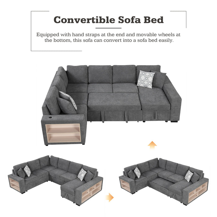 U-Shaped Sectional Sofa Pull-Out Sofa Bed With Two USB Ports, A Storage Chaise Lounge And Four Back Pillows For Living Room