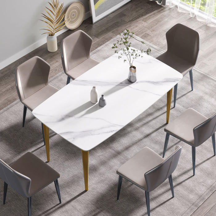 63" Modern Artificial Stone Curved Golden Metal Leg Dining Table, 6 People - White / Gold