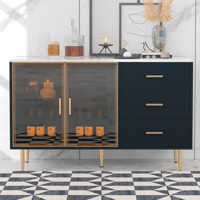 Modern Sideboard Buffet Cabinet Marble Sticker Tabletop And Amber-Yellow Tempered Glass Doors With Gold Metal Legs & Handles