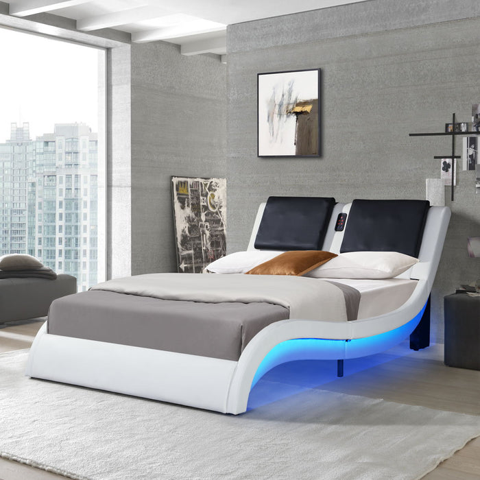 Upholstered Platform Bed Frame With LED Lighting, Bluetooth Connection To Play Music Control, Backrest Vibration Massage, Curve Design, Wood Slat Support, Exhibited Speakers