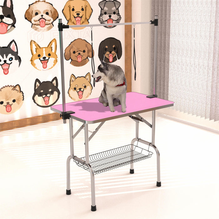 Folding Dog Pet Grooming Table Stainless Steel Frame Rubber Mat On Board, With Adjustable Arm And Clamps Pet Dog Cat Grooming Table - Pink