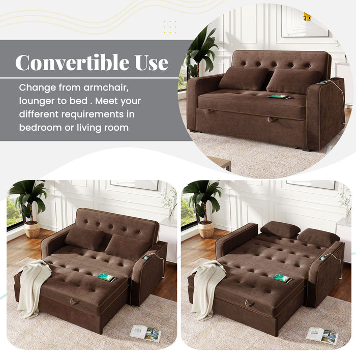 Upholstered Sleeper Bed, Pull Out Sofa Bed Couch Attached Two Throw Pillows, Dual USB Charging Port And Adjustable Backrest For Living Room Space - Brown