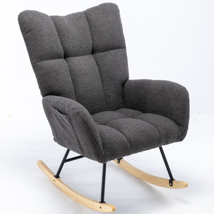 Rocking Chair With Pocket, Soft Teddy Fabric Rocking Chair For Nursery, Comfy Wingback Glider Rocker With Safe Solid Wood Base For Living Room