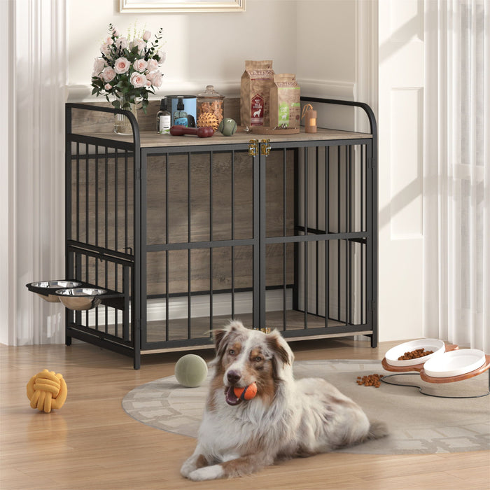 Indoor Metal Dog Crate With Double Doors, Wooden Side End Table Crate, Dog Crate Furniture With Adjustable Feeder Stand, For Medium Dog - Gray