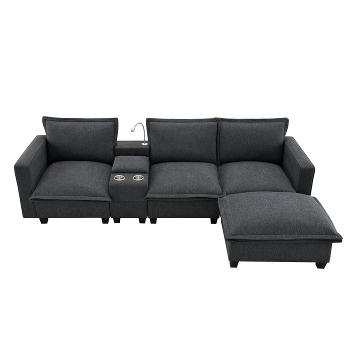 Modern Sectional Cloud Sofa With Console, USB Charging Port, Reading Light, Cup Holder, 4 Seat Chenille Modular Couch, Storable Indoor Funiture For Living Room, Apartment