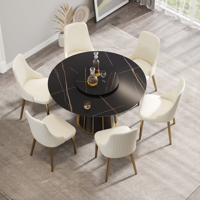 Modern Artificial Stone Round Metal Iron Base Dining Table, Can Accommodate 6 People-23.62" Artificial Stone Turntable (Not Including Chairs.) - Black