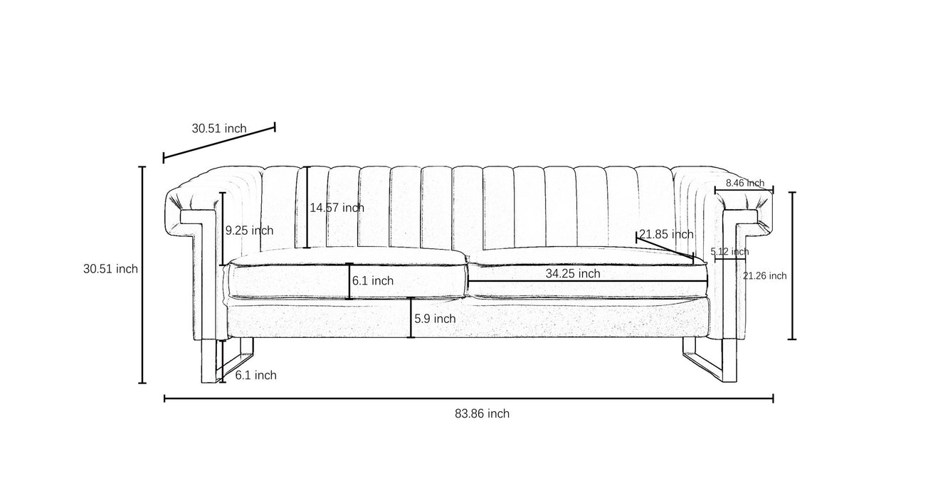 Sofa Modern Sofa With Gold Accents, Sleek Channel-Tufted Upholstery, 3 Seat Couch For Living Room And Office Decor