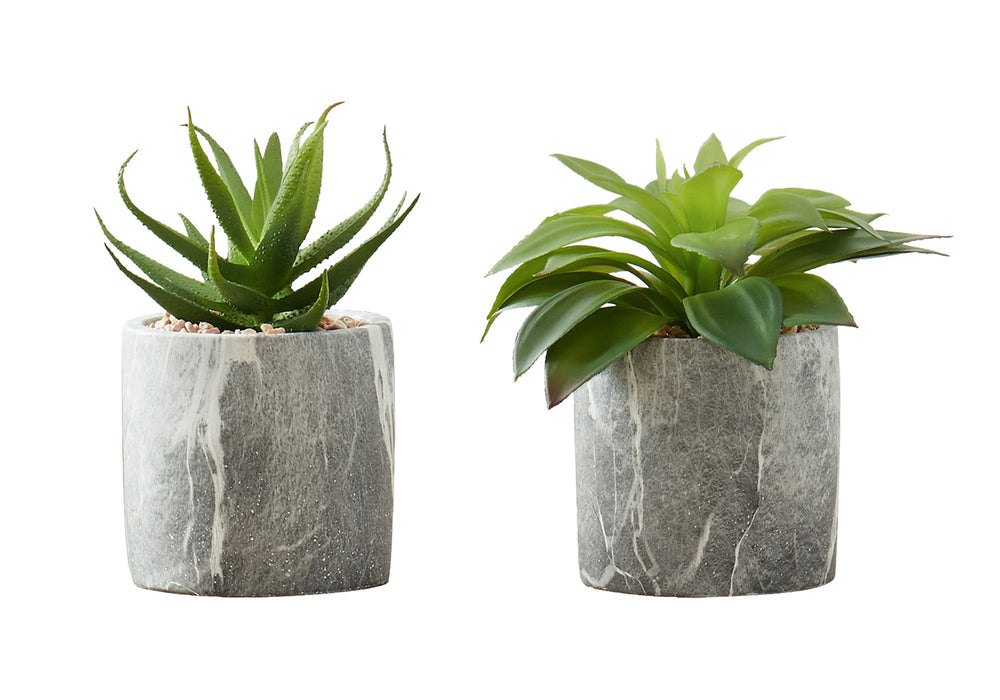 Artificial Plant, 6" Tall, Succulent, Indoor, Faux, Fake, Table, Greenery, Potted, Decorative (Set of 2) - Green / Gray