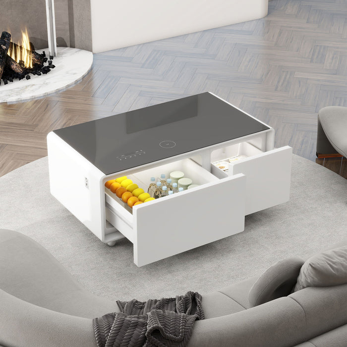 Modern Smart Coffee Table With Built-In Fridge, Bluetooth Speaker, Wireless Charging, Touch Control Panel, USB Ports, Outlet Protection, Atmosphere Light - White