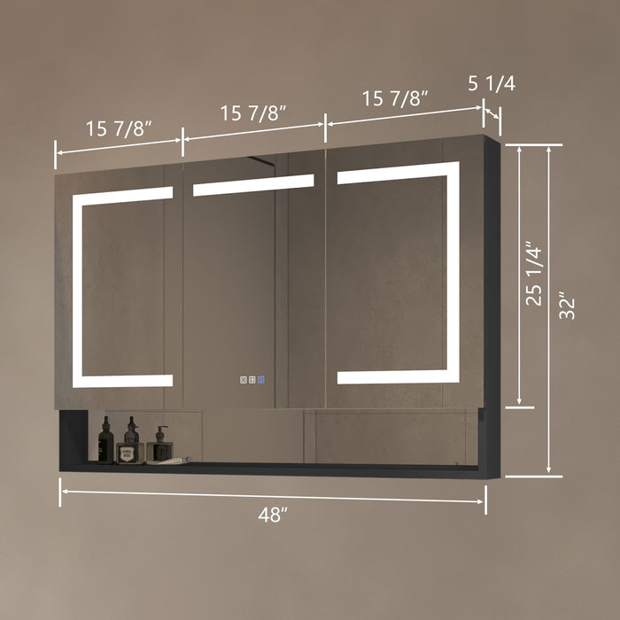 Aluminum Recessed / Surface Mount Dimmable Medicine Cabinet With Mirror, LED And Shelves - Black / Silver