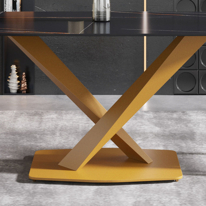 70.87" Modern Artificial Stone Black Curved Golden Metal Leg Dining Table - Black / Gold