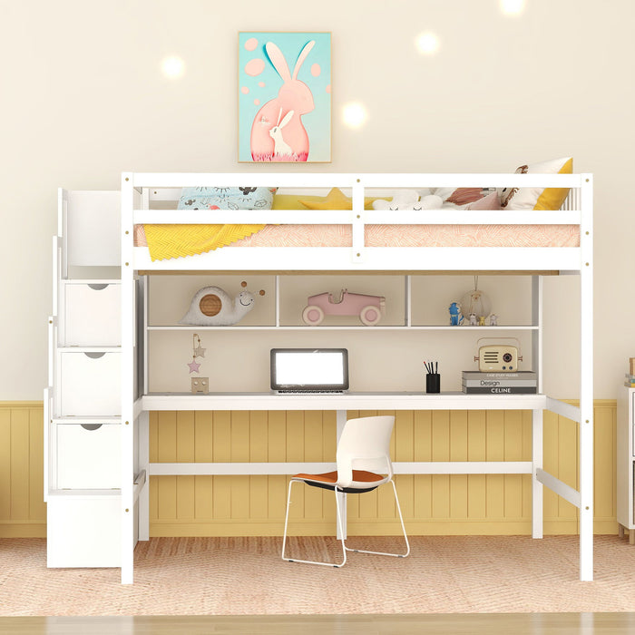 Full Size Loft Bed With Built-In Desk, Bookshelves And Storage Staircase - White