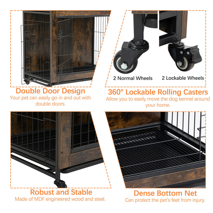 Dog Crate Furniture With Cushion, Wooden Dog Crate Table, Double-Doors Dog Furniture, Dog Kennel Indoor For Small Dog, Dog House, Dog Cage Small