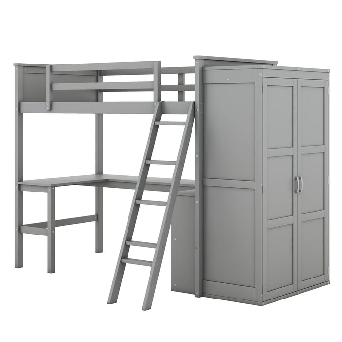 Twin Size Loft Bed With Desk, Shelves And Wardrobe - Gray