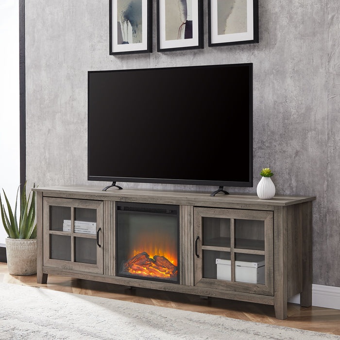 Modern Farmhouse 2 Door Glass Windowpane 70" Fireplace TV Stand For 80" TVs